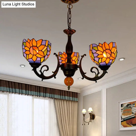 Colorful Stained Glass Bowl Chandelier Light In Retro Style Brass - Flower Design 3 Bulbs /