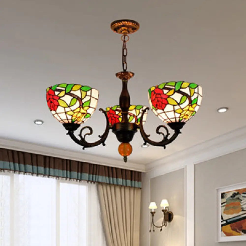 Colorful Stained Glass Bowl Chandelier In Retro Brass: Flower Pattern 3 Bulbs Vibrant Lighting