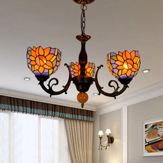 Colorful Stained Glass Bowl Chandelier In Retro Brass: Flower Pattern 3 Bulbs Vibrant Lighting