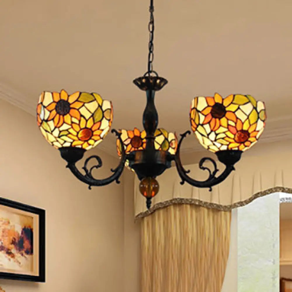 Colorful Stained Glass Bowl Chandelier In Retro Brass: Flower Pattern 3 Bulbs Vibrant Lighting