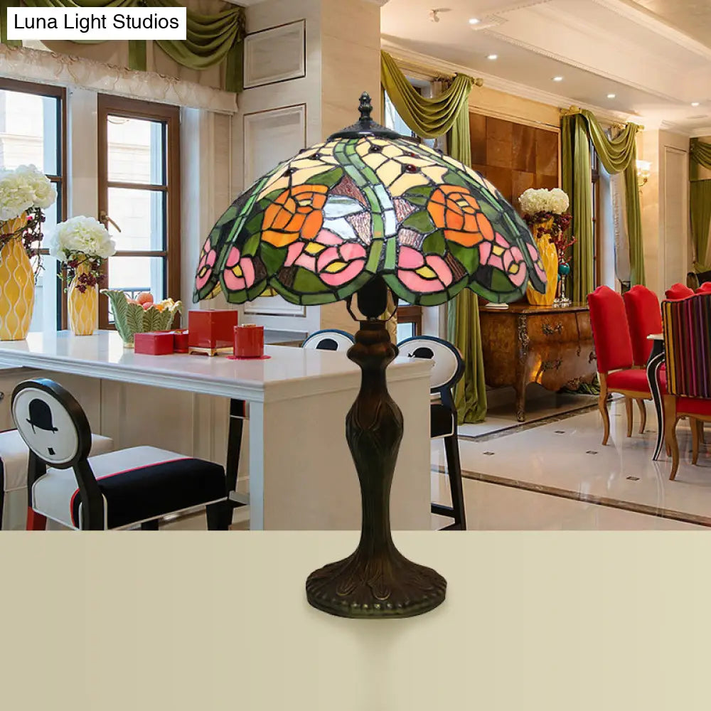 Colorful Stained Glass Dome Shade Accent Lamp With Retro Flower Pattern - Table 1/2 Lights