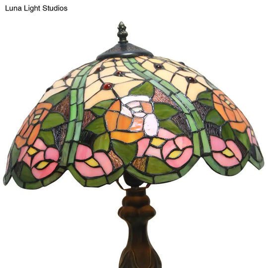 Colorful Stained Glass Dome Shade Accent Lamp With Retro Flower Pattern - Table 1/2 Lights