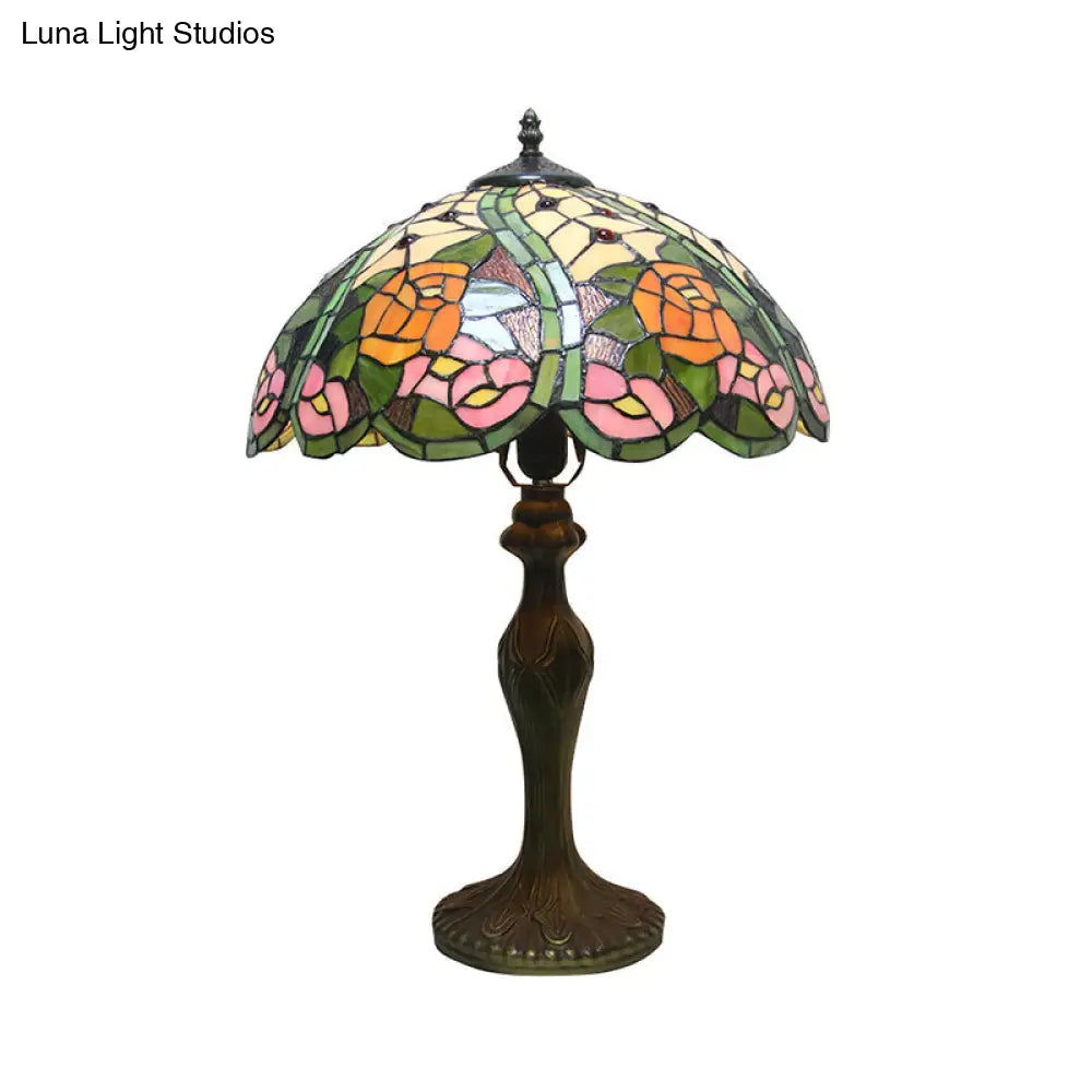 Colorful Stained Glass Dome Shade Accent Lamp With Retro Flower Pattern - Table 1/2 Lights