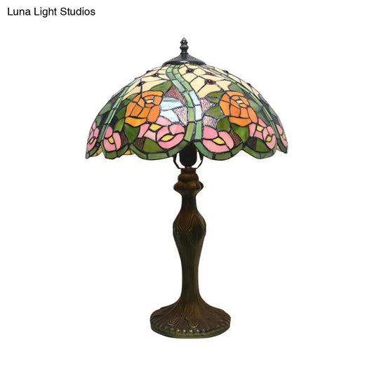 Colorful Stained Glass Dome Shade Accent Lamp With Retro Flower Pattern - Table 1/2 Lights