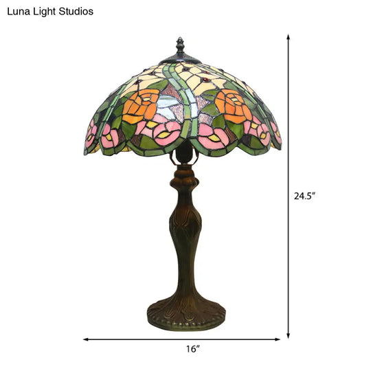 Colorful Stained Glass Dome Shade Accent Lamp With Retro Flower Pattern - Table 1/2 Lights