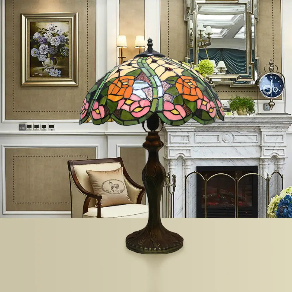 Colorful Stained Glass Dome Shade Accent Lamp With Retro Flower Pattern - Table 1/2 Lights Rust /