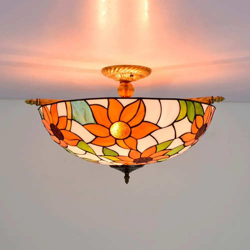 Colorful Stained Glass Flower Ceiling Fixture With 5 Tiffany Style Lights - Pink/Yellow/Blue Semi