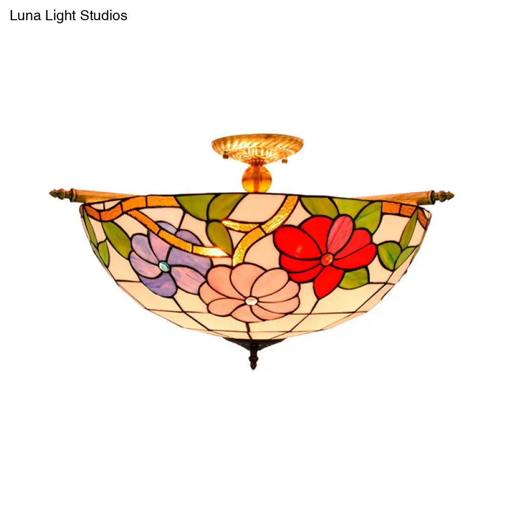Colorful Stained Glass Flower Ceiling Fixture With 5 Tiffany Style Lights - Pink/Yellow/Blue Semi