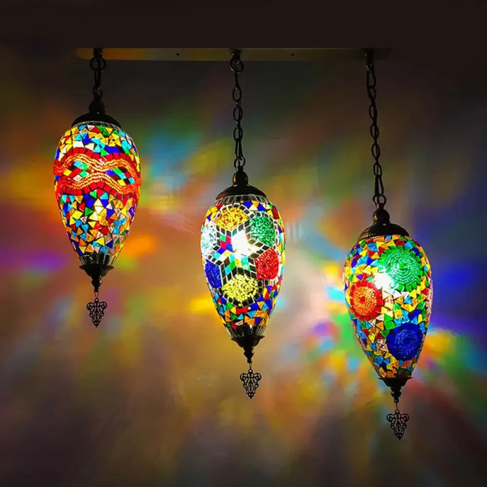 Colorful Stained Glass Waterdrop Cluster Pendant Light For Bedroom - Traditional 3-Head Ceiling