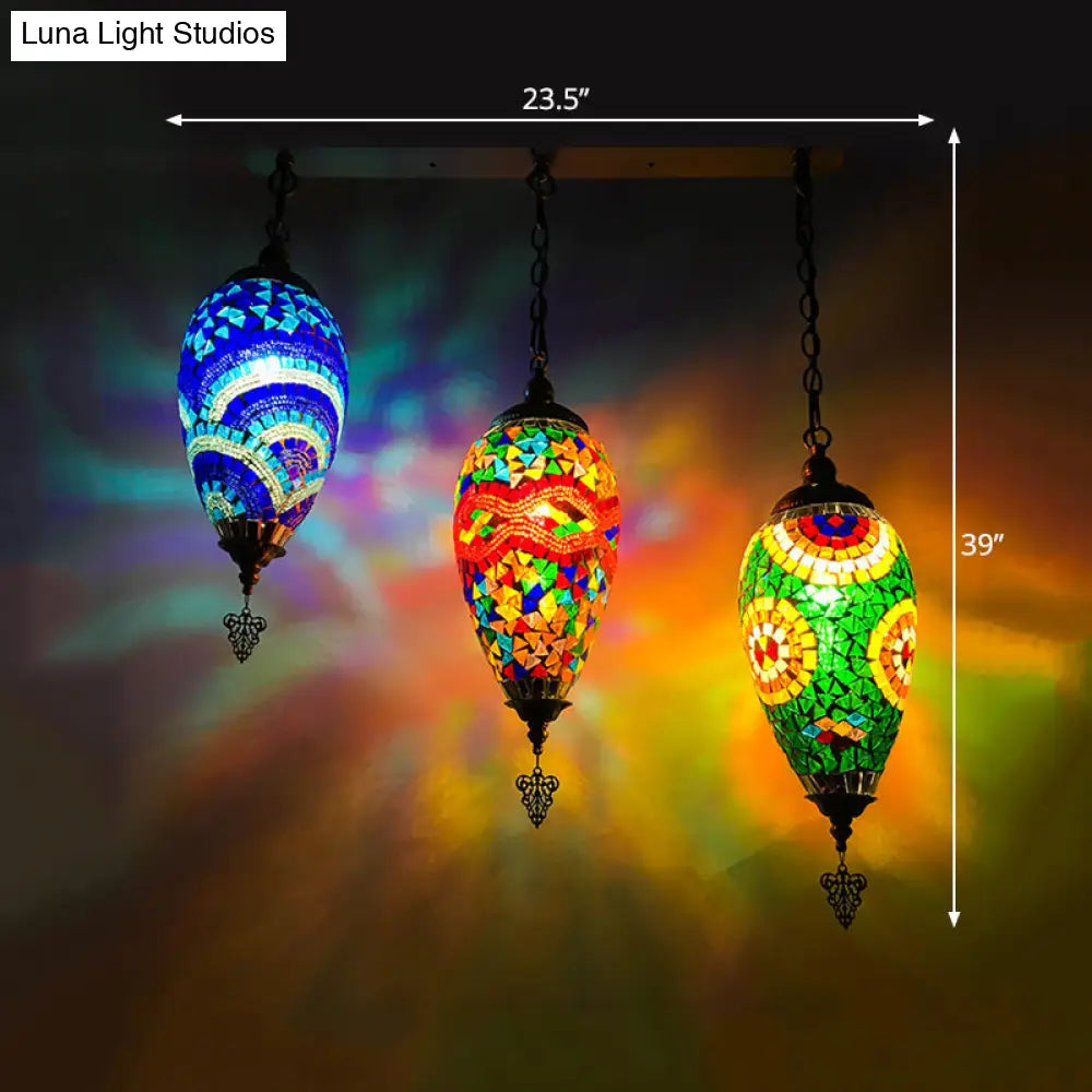 Colorful Stained Glass Waterdrop Cluster Pendant Light For Bedroom - Traditional 3-Head Ceiling