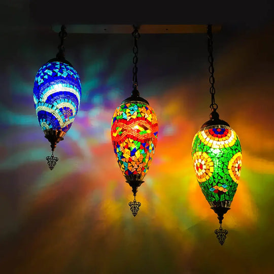 Colorful Stained Glass Waterdrop Cluster Pendant Light For Bedroom - Traditional 3-Head Ceiling