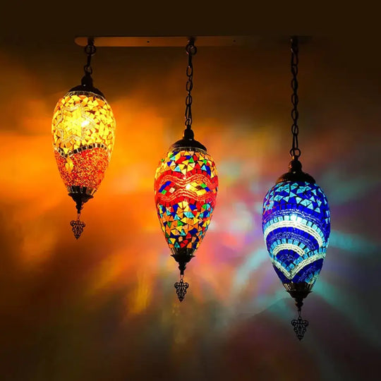 Colorful Stained Glass Waterdrop Cluster Pendant Light For Bedroom - Traditional 3-Head Ceiling