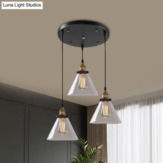 Cone/Bowl Smoked Glass Industrial Pendant Hanging Lamp - 3-Light Coffee Shop Fixture With