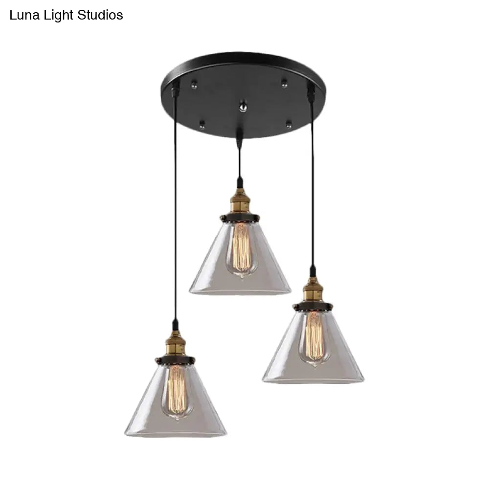 Cone/Bowl Smoked Glass Industrial Pendant Hanging Lamp - 3-Light Coffee Shop Fixture With