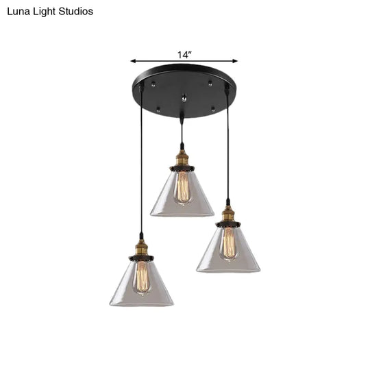 Cone/Bowl Smoked Glass Industrial Pendant Hanging Lamp - 3-Light Coffee Shop Fixture With