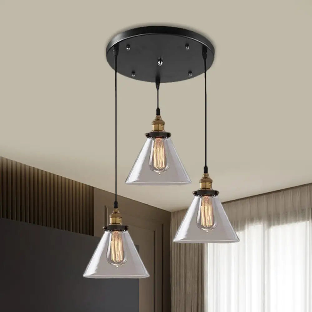 Cone/Bowl Smoked Glass Industrial Pendant Hanging Lamp - 3-Light Coffee Shop Fixture With