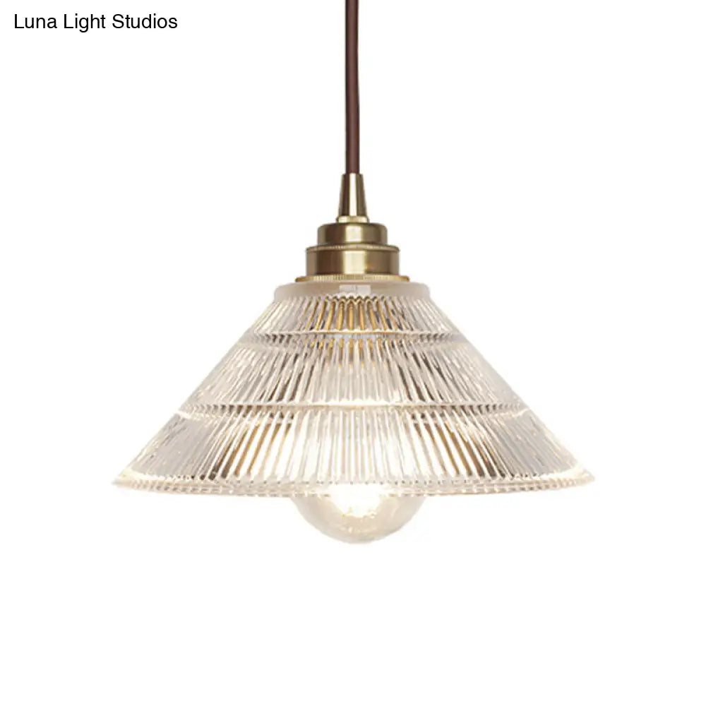 Cone Clear Ribbed Glass Pendulum Light: Minimalist 1-Light Suspension Lamp In Brass For Dining Table