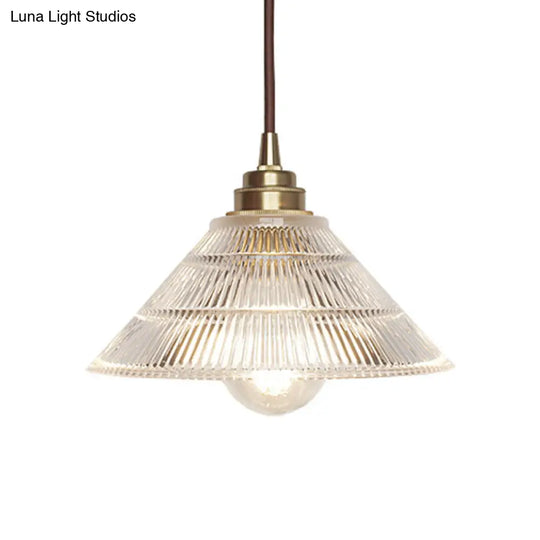 Cone Clear Ribbed Glass Pendulum Light: Minimalist 1-Light Suspension Lamp In Brass For Dining Table