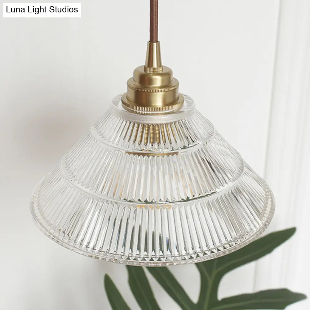 Cone Clear Ribbed Glass Pendulum Light: Minimalist 1-Light Suspension Lamp In Brass For Dining Table