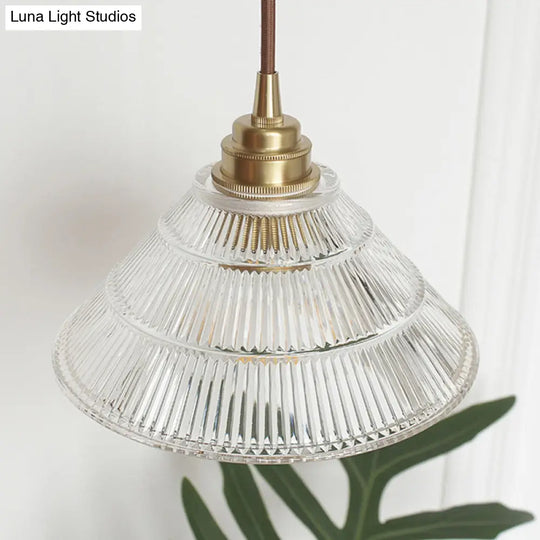 Cone Clear Ribbed Glass Pendulum Light: Minimalist 1-Light Suspension Lamp In Brass For Dining Table