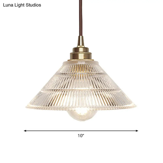 Cone Clear Ribbed Glass Pendulum Light: Minimalist 1-Light Suspension Lamp In Brass For Dining Table