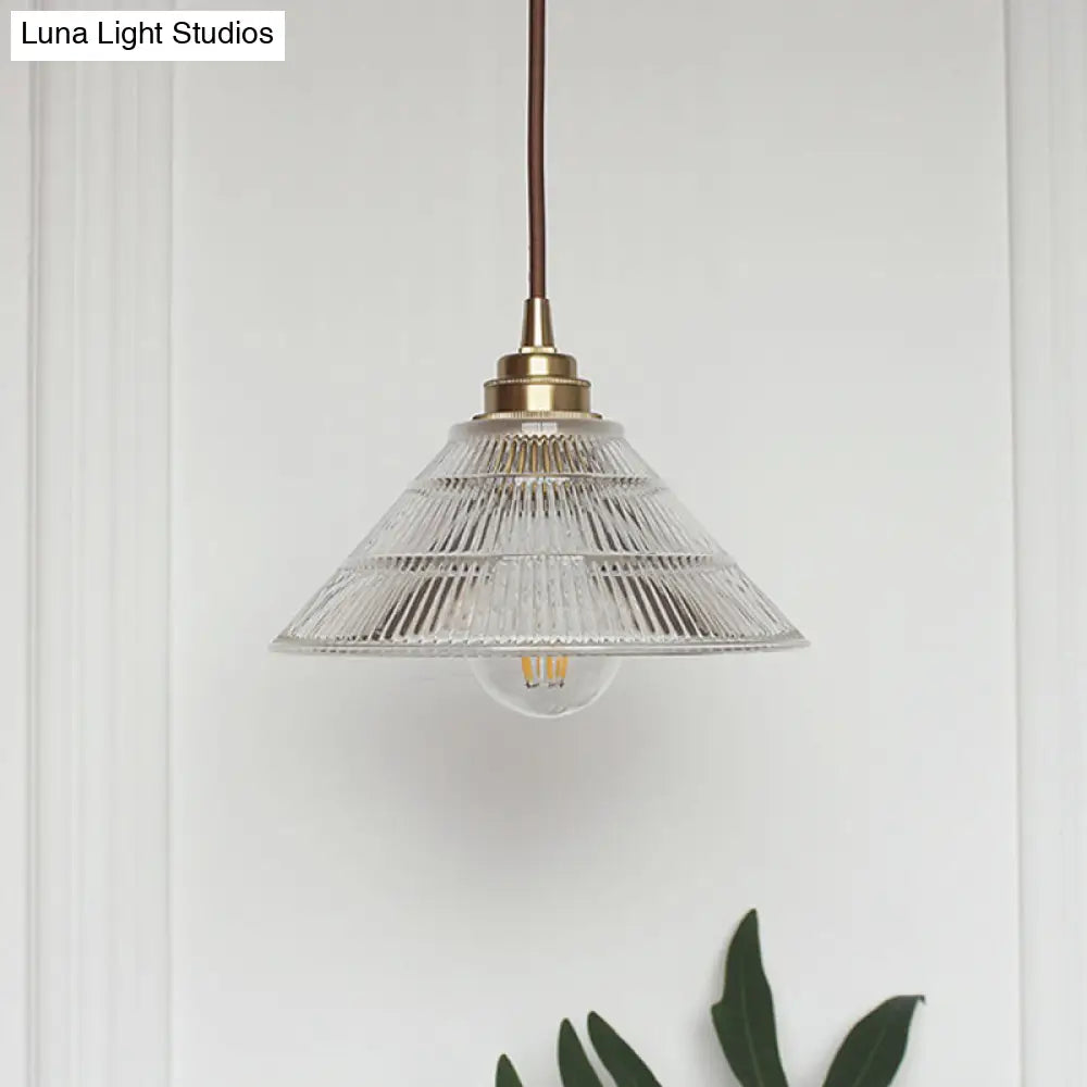 Cone Clear Ribbed Glass Pendulum Light: Minimalist 1-Light Suspension Lamp In Brass For Dining Table