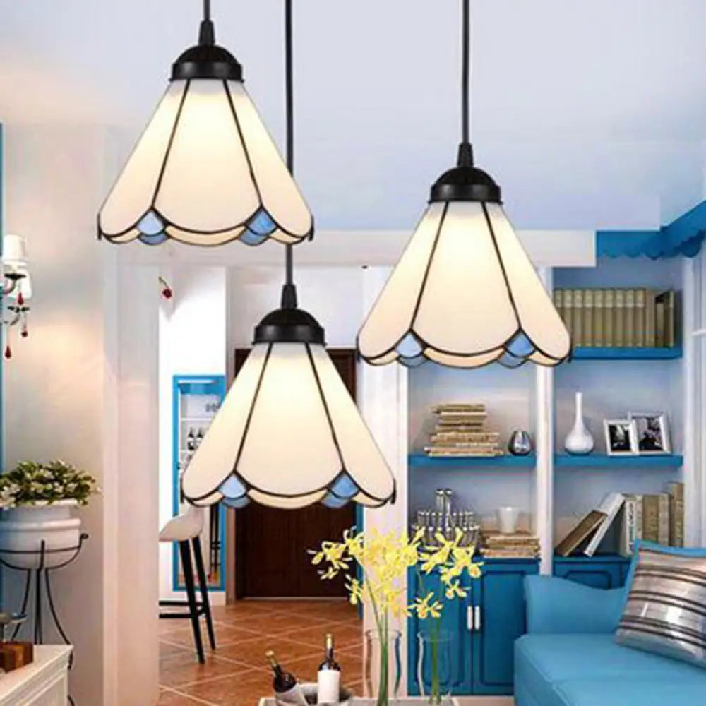 Cone Multi Ceiling Light With Scalloped Edge - Tiffany Style Suspension Lighting (3 Bulbs White