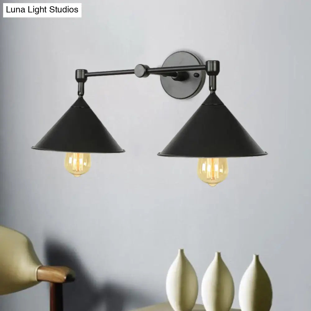 Cone-Shaped Antique Two-Light Metal Wall Sconce Lamp For Living And Dining Rooms