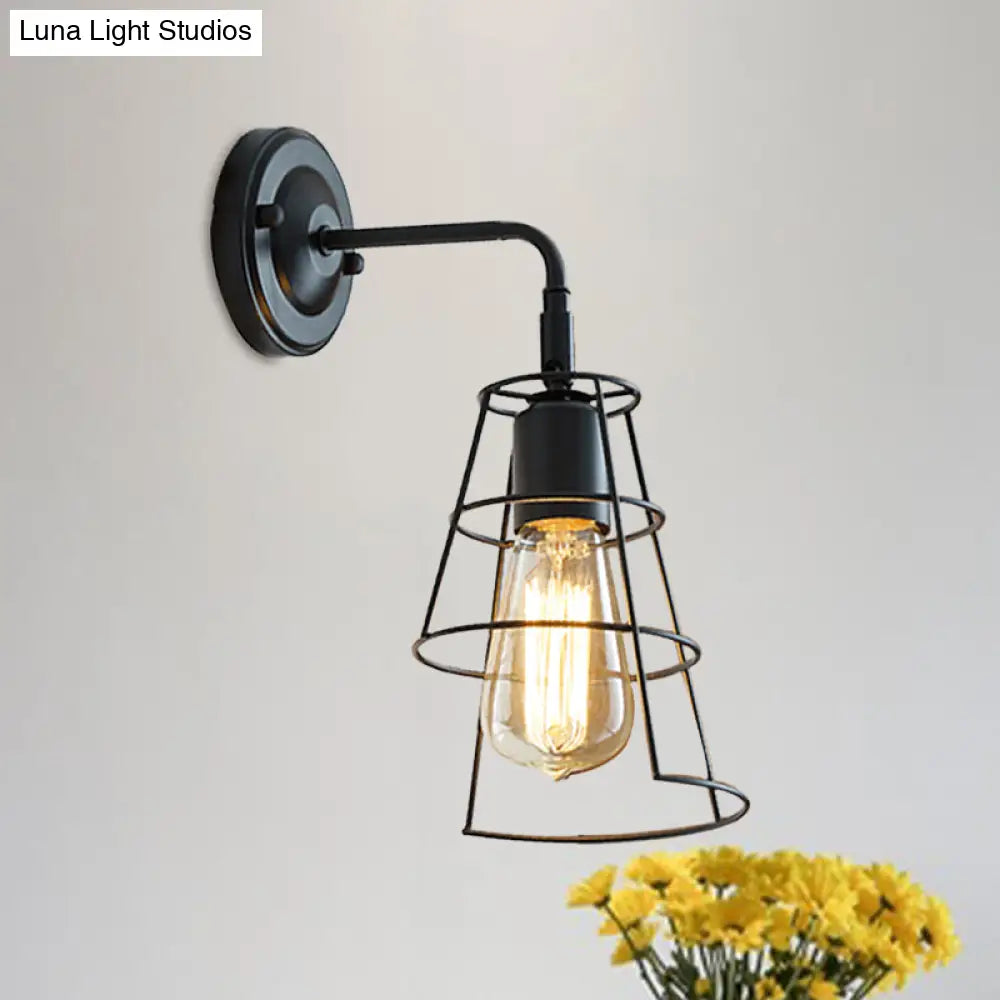 Conic Cage Wall Mount Light With Curved Arm - Vintage Style Metallic Lamp In Black/White