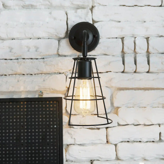 Conic Cage Wall Mount Light With Curved Arm - Vintage Style Metallic Lamp In Black/White Black