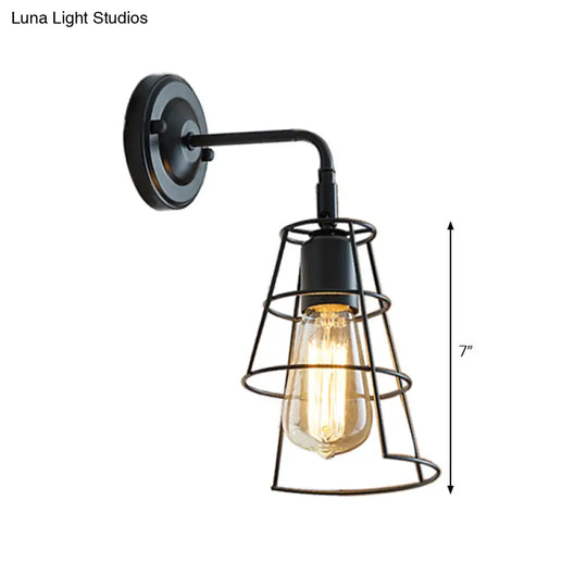 Conic Cage Wall Mount Light With Curved Arm - Vintage Style Metallic Lamp In Black/White