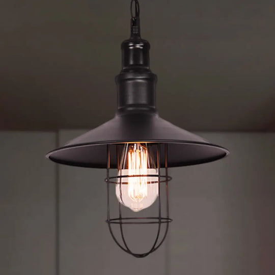 Conic Shade Suspension Light With Wire Guard - Nautical Black Metal Pendant Lighting For Indoor Use