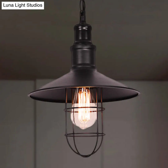 Conic Shade Suspension Light With Wire Guard - Nautical Black Pendant Lighting