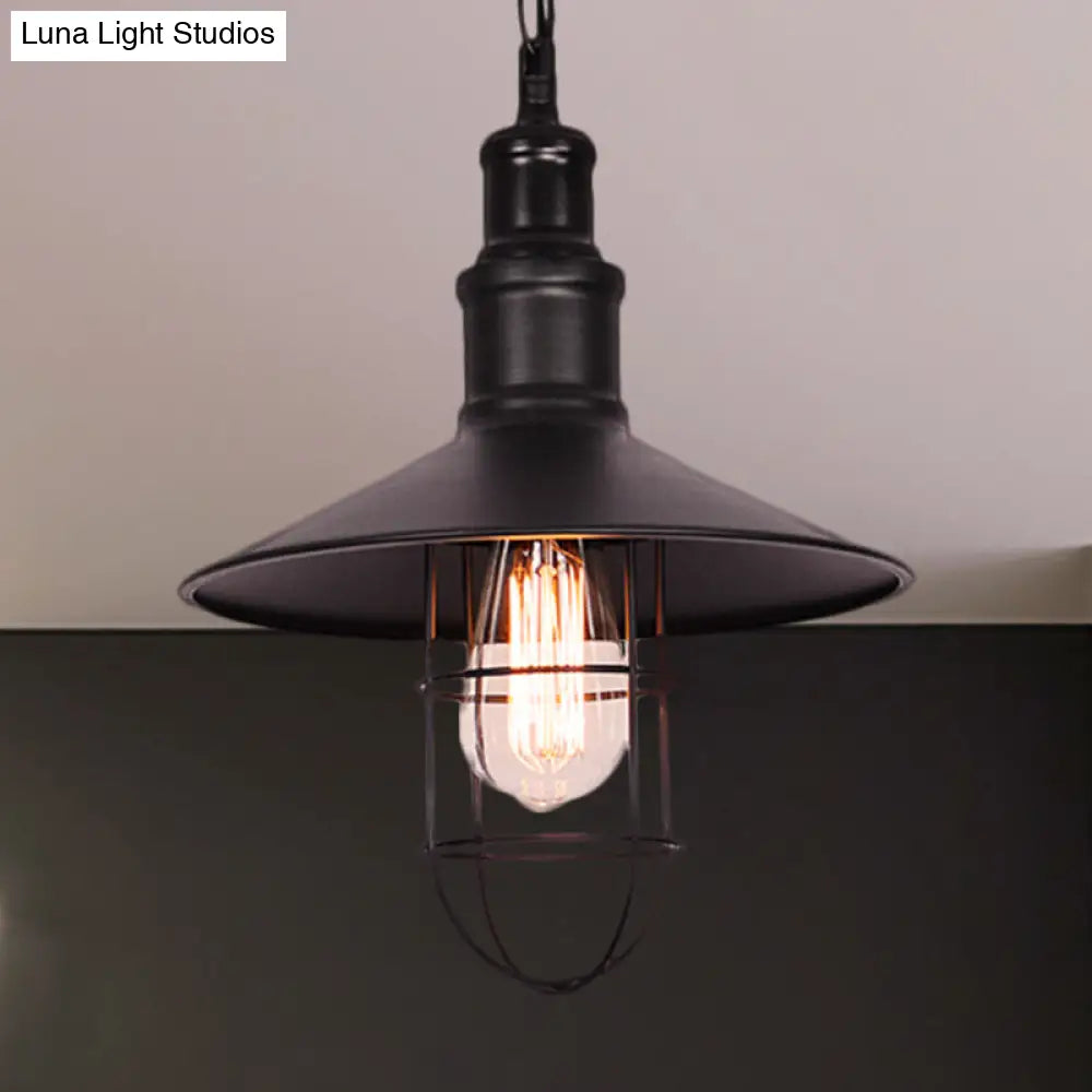 Conic Shade Suspension Light With Wire Guard - Nautical Black Pendant Lighting