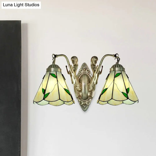 Conic Wall Mount Lamp With Double Mermaid Arm - White/Beige Glass Sconce Light Fixture