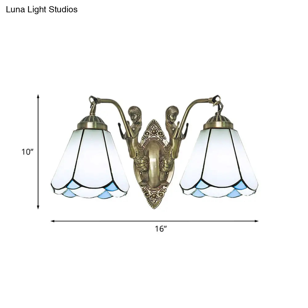 Conic Wall Mount Lamp With Double Mermaid Arm - White/Beige Glass Sconce Light Fixture