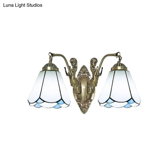 Conic Wall Mount Lamp With Double Mermaid Arm - White/Beige Glass Sconce Light Fixture