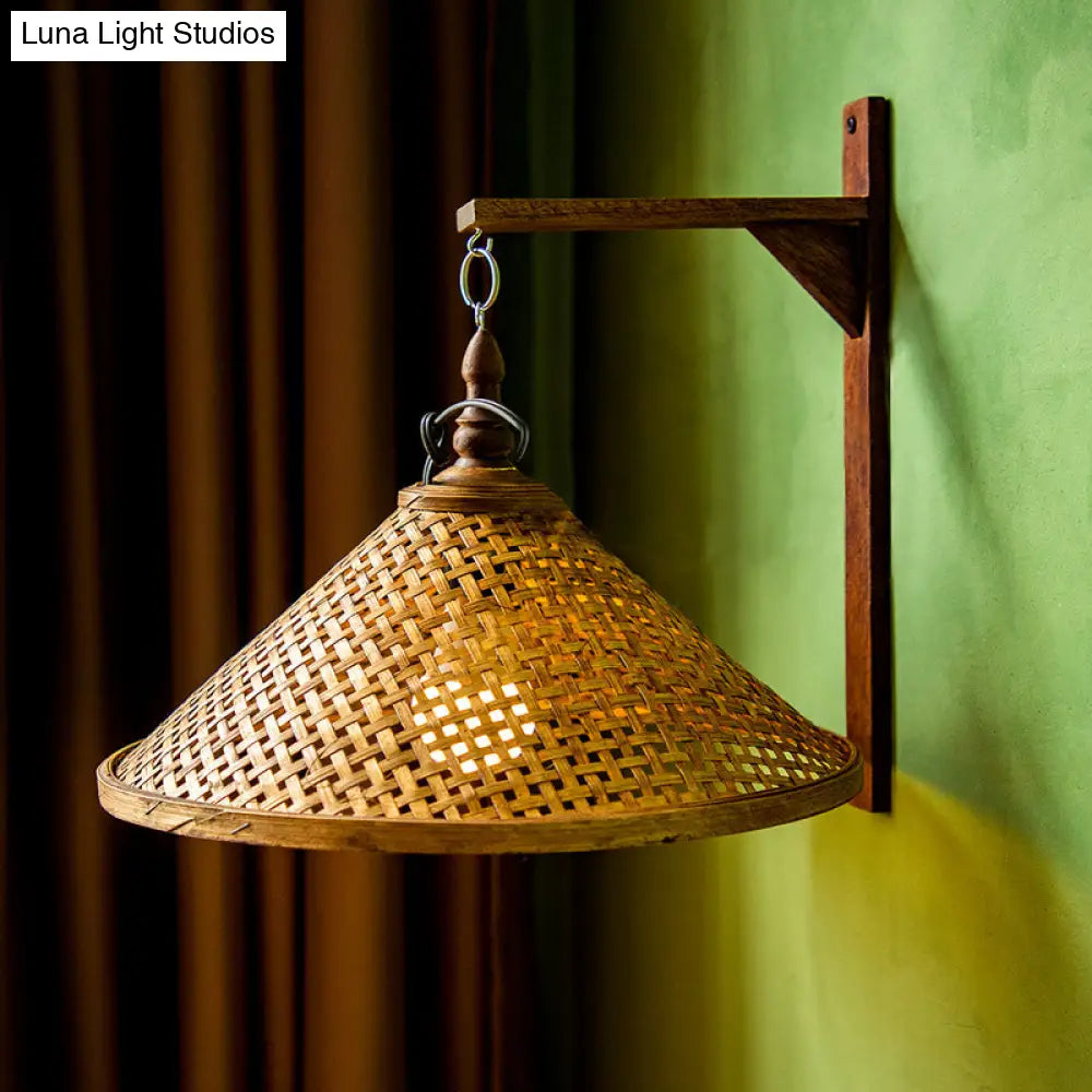 Conical Bamboo Sconce Light: Chinese 1 Bulb Wall Mount For Stairway Brown