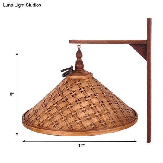 Conical Bamboo Sconce Light: Chinese 1 Bulb Wall Mount For Stairway Brown