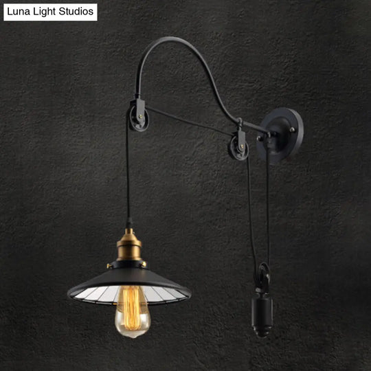 Conical Bedside Pulley Wall Light - Industrial Metal Black Lamp With Gooseneck Arm