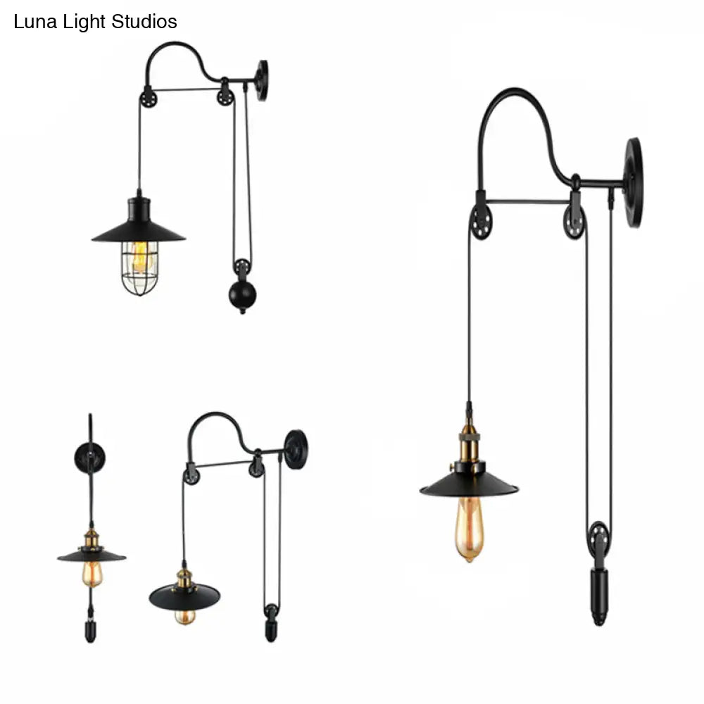 Conical Bedside Pulley Wall Light - Industrial Metal Black Lamp With Gooseneck Arm