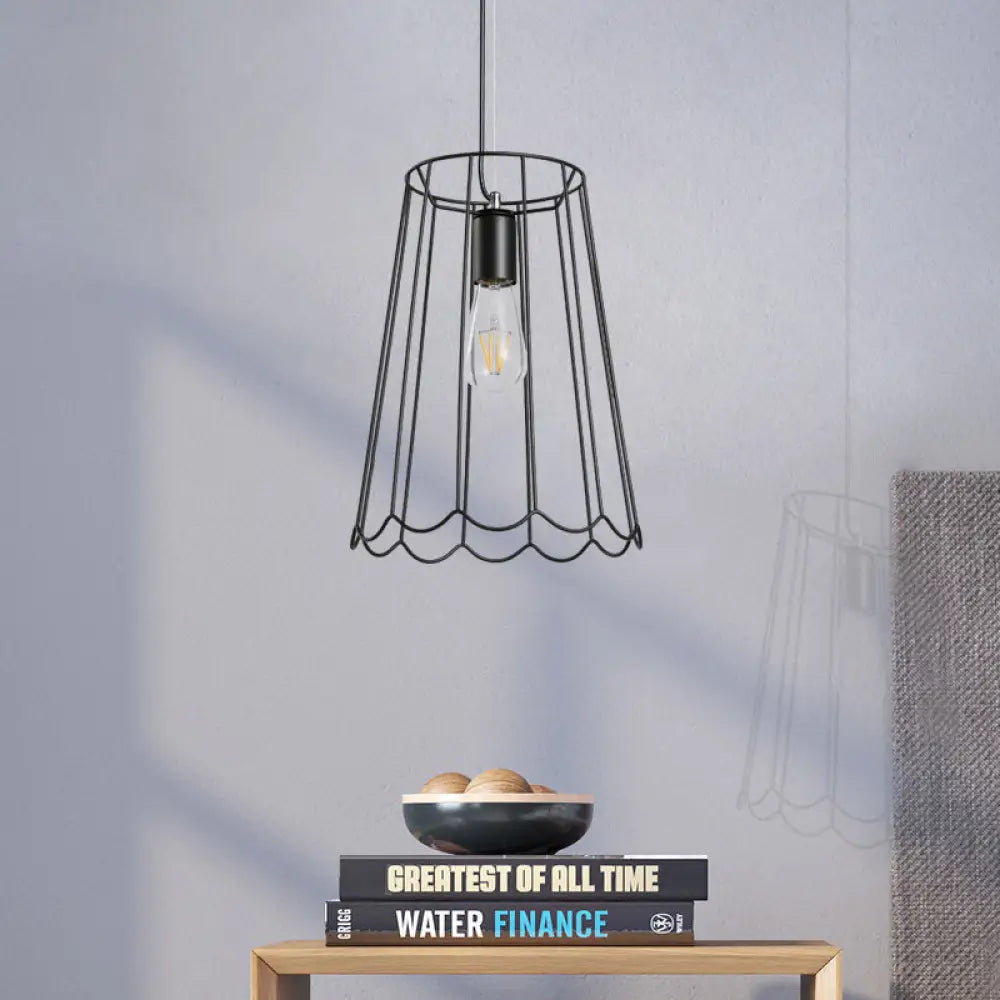 Conical Cage Pendant Light With Ruffled Edge – Industrial Black Metallic - 10.5’/12.5’ Width / 10.5’
