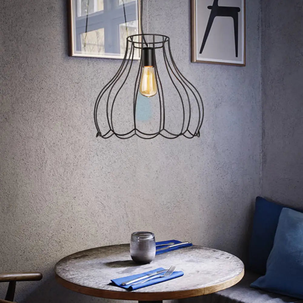 Conical Cage Pendant Light With Ruffled Edge – Industrial Black Metallic - 10.5’/12.5’ Width / 16’