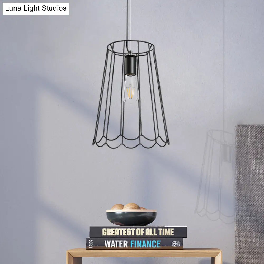 Industrial Black Metallic Pendant Light With Ruffled Edge - 1 Conical Cage 10.5/12.5 Width / 10.5