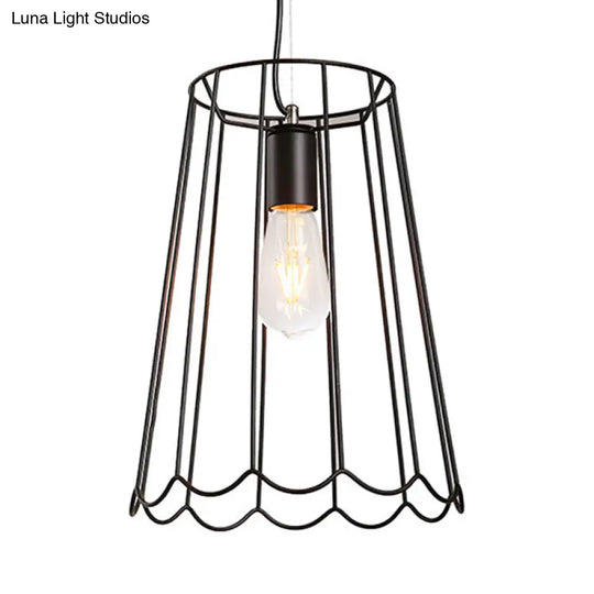 Industrial Black Metallic Pendant Light With Ruffled Edge - 1 Conical Cage 10.5/12.5 Width
