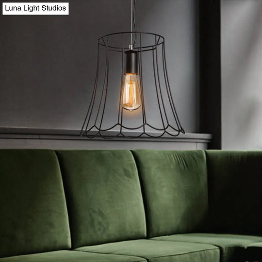 Industrial Black Metallic Pendant Light With Ruffled Edge - 1 Conical Cage 10.5/12.5 Width / 12.5