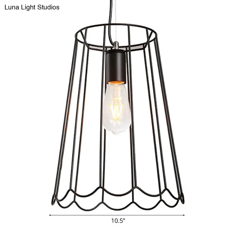 Industrial Black Metallic Pendant Light With Ruffled Edge - 1 Conical Cage 10.5/12.5 Width