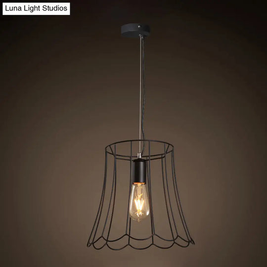 Conical Cage Pendant Light With Ruffled Edge – Industrial Black Metallic - 10.5’/12.5’ Width