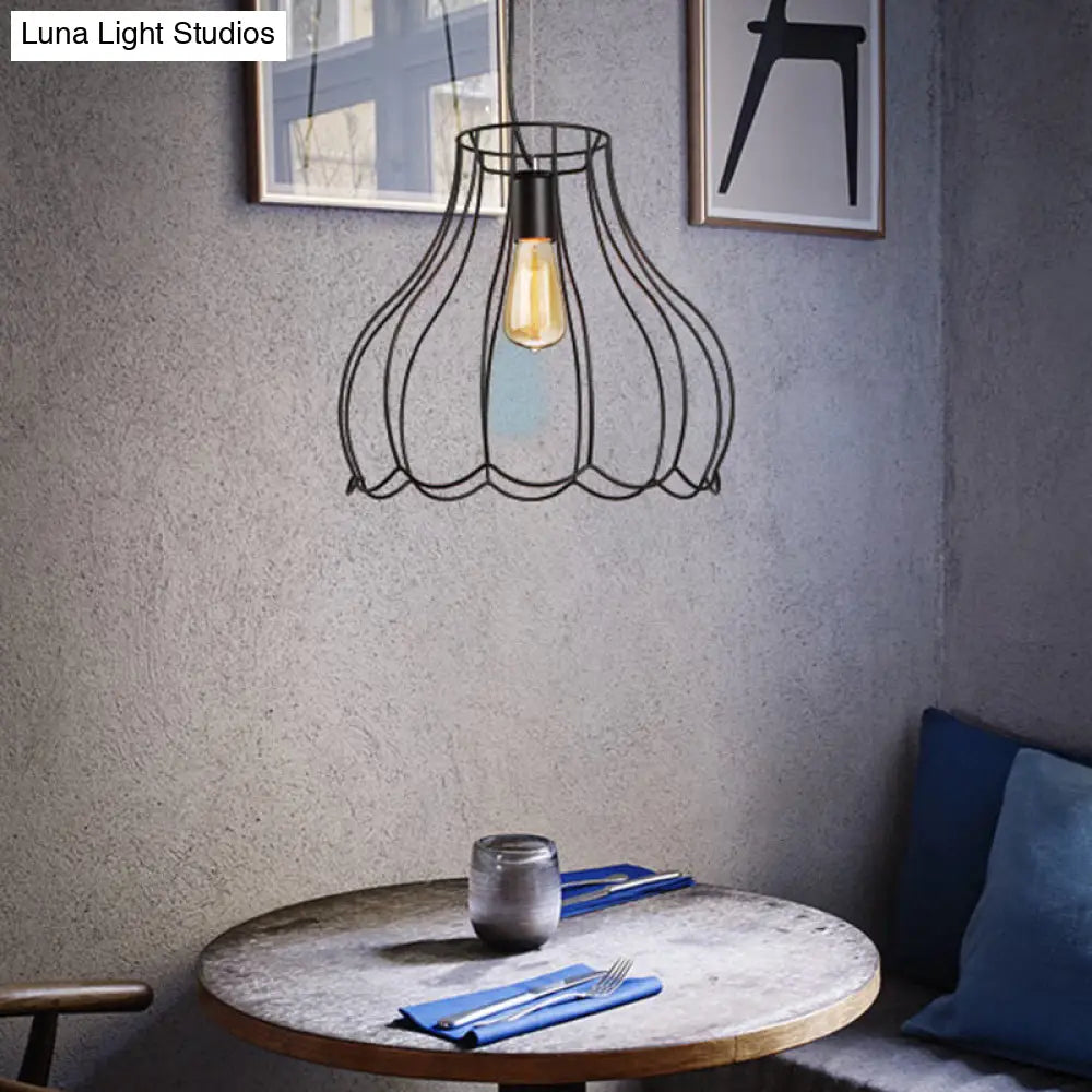 Industrial Black Metallic Pendant Light With Ruffled Edge - 1 Conical Cage 10.5/12.5 Width / 16