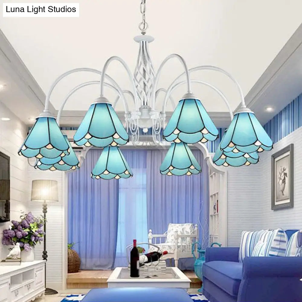 Traditional Multi Light Conical Chandelier With White Gooseneck And Blue Glass Pendant For Living